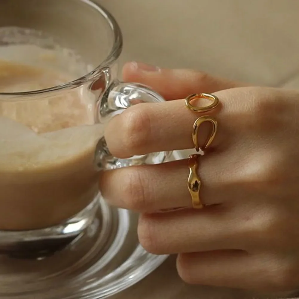 18K Thick Gold Plated Organic Hand Finished Edge Oceanic Wave Ring